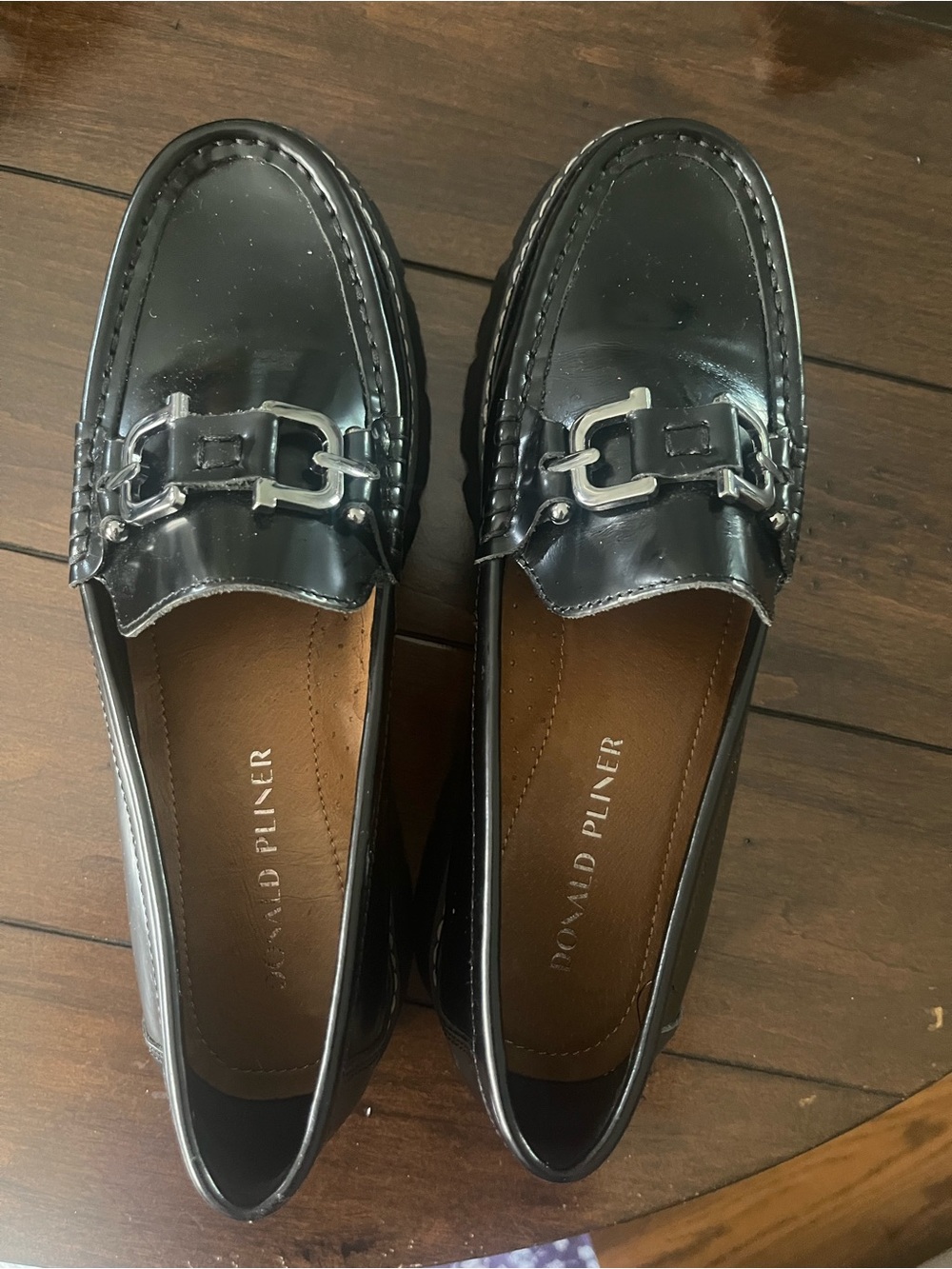 Donald J. Pliner Shiny Black Patent Loafers with Silver Hardware